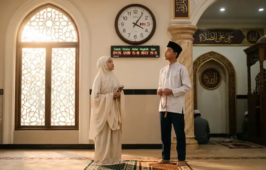 Ilustrasi realistis transisi masa baligh bagi remaja Muslim, menatap jam jadwal sholat digital di dalam masjid dengan cahaya matahari masuk dari jendela