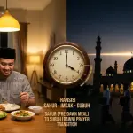 An illustrative image comparing the warm atmosphere of eating sahur at home with the start of the subuh prayer at the mosque, marked by an analog clock showing the 10-minute imsak time gap.