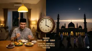 Gambar ilustrasi yang membandingkan suasana hangat makan sahur di rumah dengan waktu masuknya shalat subuh di masjid, ditandai dengan jam analog yang menunjukkan jeda waktu imsak 10 menit sebelumnya.