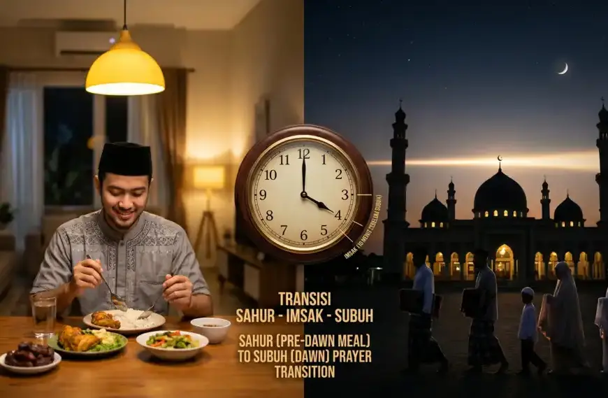 Kajian Fiqh Madzhab Syafi'i: Panduan Lengkap Hukum Islam, Doa, dan Tasawuf 27 Gambar ilustrasi yang membandingkan suasana hangat makan sahur di rumah dengan waktu masuknya shalat subuh di masjid, ditandai dengan jam analog yang menunjukkan jeda waktu imsak 10 menit sebelumnya.