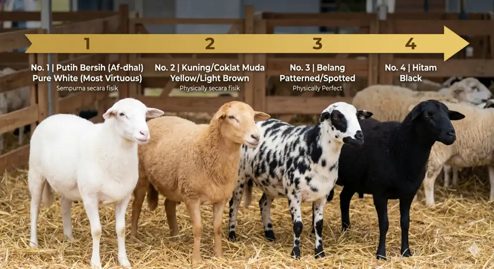 Panduan visual yang menampilkan urutan afdhalnya warna bulu hewan ternak untuk qurban berdasarkan anjuran para ulama Syafi'iyah, dimulai dari domba putih bersih.