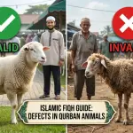 A visual comparison illustrating a healthy sheep that meets valid qurban conditions versus an emaciated, sick, and defective sheep prohibited by Islamic law.