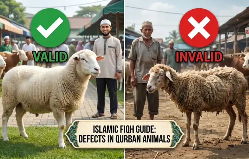 A visual comparison illustrating a healthy sheep that meets valid qurban conditions versus an emaciated, sick, and defective sheep prohibited by Islamic law.