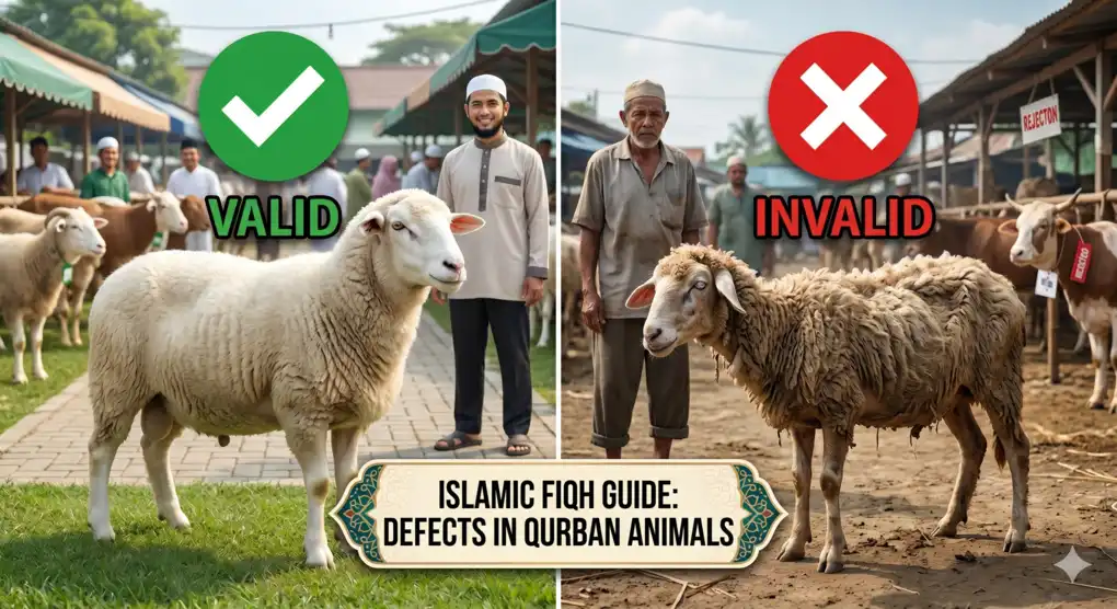 Unacceptable and Acceptable Defects in Qurban Animals 1 A visual comparison illustrating a healthy sheep that meets valid qurban conditions versus an emaciated, sick, and defective sheep prohibited by Islamic law.