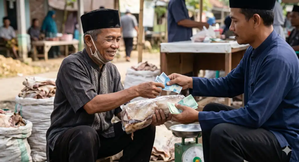 Potret close-up seorang warga kurang mampu yang sedang menjual kulit kurban mentah secara mandiri kepada pengepul kulit, merepresentasikan kebebasan pemanfaatan harta setelah menerima status kepemilikan mutlak (tamlik).