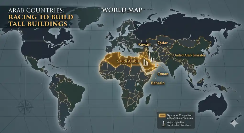 Tall Buildings and the Signs of the End Times in Islam 4 World map highlighting countries in the Middle East and Arabian Peninsula actively competing to build the tallest skyscrapers.