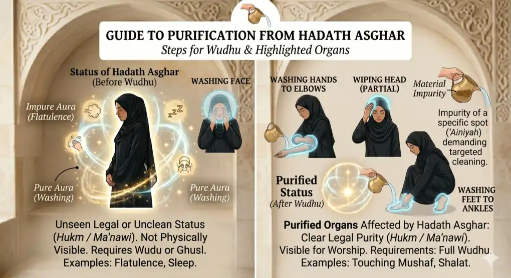 Hadath: Definition, Types, and Causes 3 Visual guide diagram of wudu highlighting the face, arms, head, and feet as areas affected by hadath asghar, with examples including touching the Mushaf and performing Shalat.