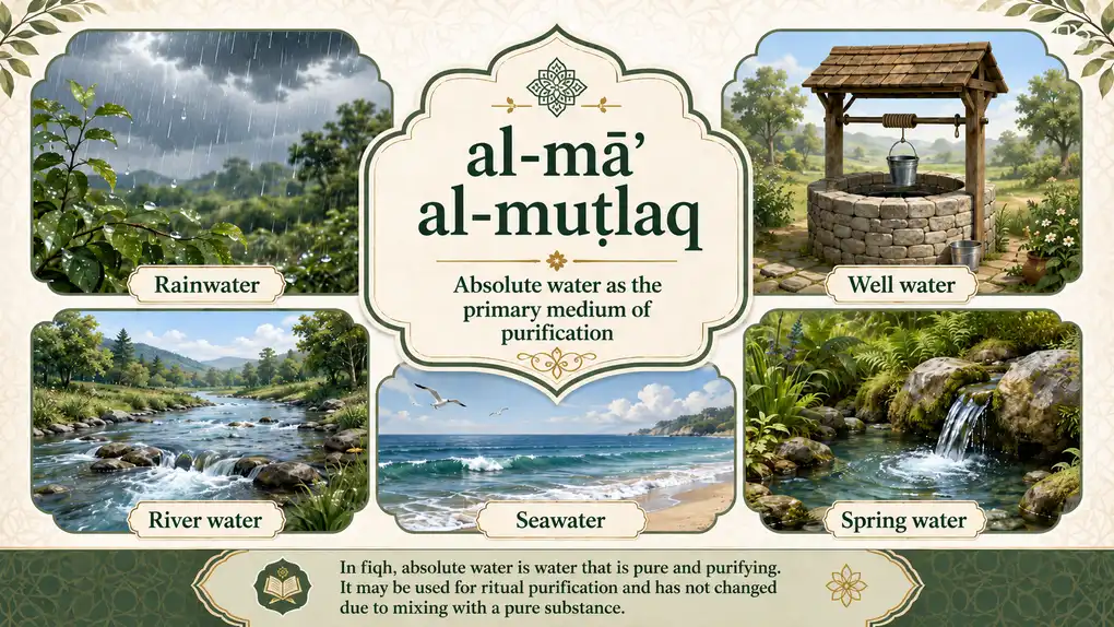 Illustrative collage of absolute water al-ma al-mutlaq including rainwater, well water, river water, seawater, and spring water in Islamic fiqh learning.