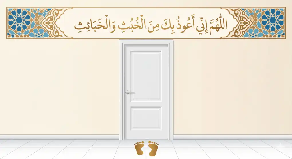 Vektor ilustrasi pintu toilet bersih yang dilengkapi dengan panduan adab masuk kamar mandi dalam Islam, yaitu sunnah mendahulukan kaki kiri beserta bacaan lafadz doa perlindungan dari godaan setan.