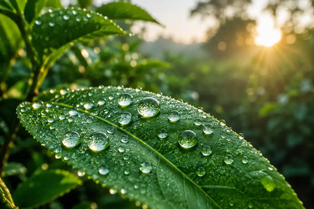 Tetesan embun pagi di atas daun hijau dengan cahaya matahari pagi