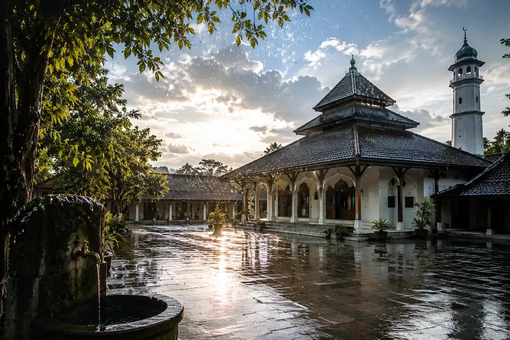 Rainwater falling over a mosque courtyard representing pure and purifying water in Islam