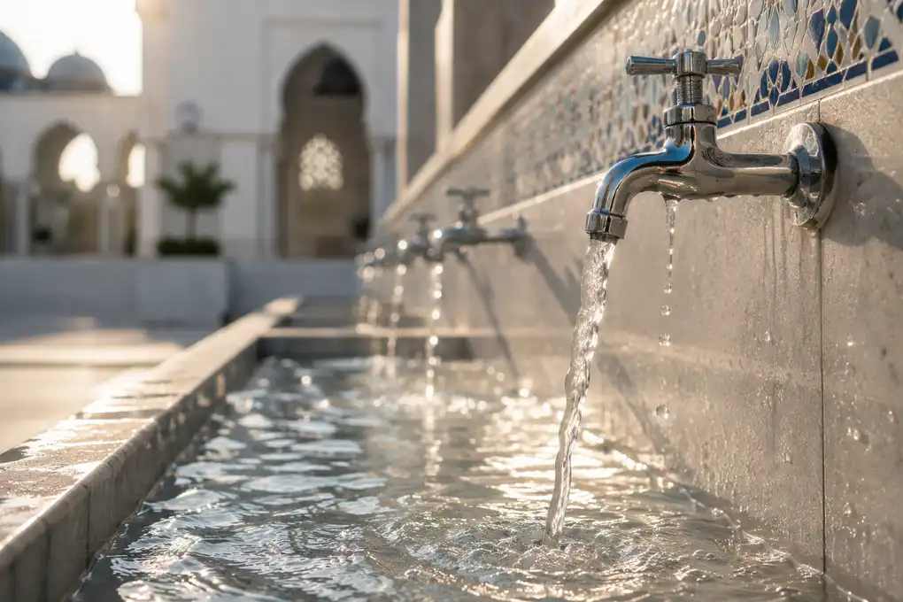 The Wisdom of Thaharah in Islam: Purifying the Body and Soul 5 Clear flowing water at a mosque ablution area as the primary means of purification in Islam.
