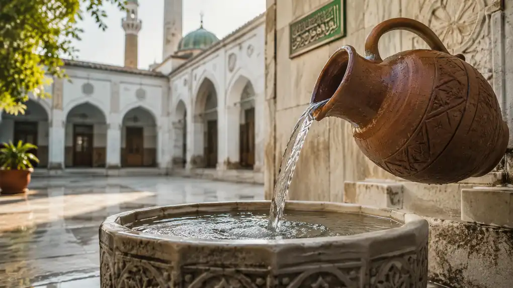 Air jernih mengalir dari kendi ke wadah batu di halaman masjid sebagai simbol thaharah.
