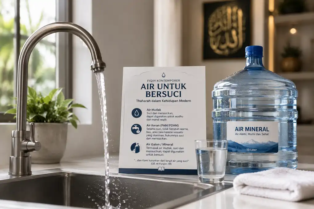 Hakikat Air Mutlak: Mengapa Hanya Air yang Bisa Menyucikan? 4 Air keran mengalir dan galon mineral sebagai ilustrasi penggunaan air modern untuk bersuci dalam Islam.