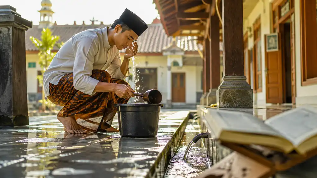 Student performing wudu with a dipper and small bucket in an Islamic boarding school illustrating musta'mal water in Shafi'i fiqh.