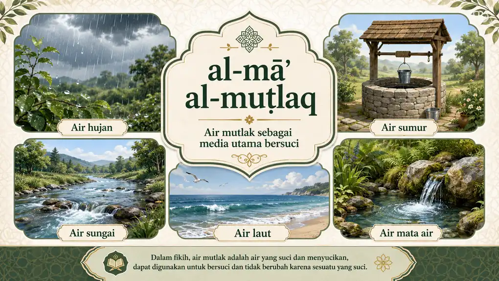 Kolase ilustrasi air mutlak meliputi air hujan, air sumur, air sungai, air laut, dan air mata air dalam pembelajaran fiqih Islam.
