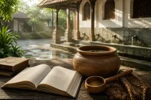 Clay water vessel and classical fiqh book illustrating impure water in Shafi'i jurisprudence.