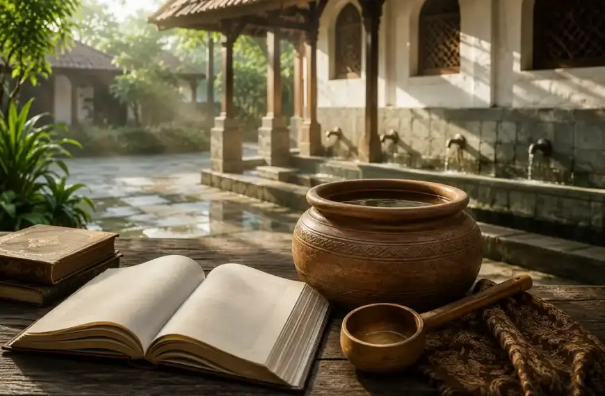 Shafi'i School of Jurisprudence: The Complete Guide to Islamic Law, Prayers, and Tasawuf 11 Clay water vessel and classical fiqh book illustrating impure water in Shafi'i jurisprudence.