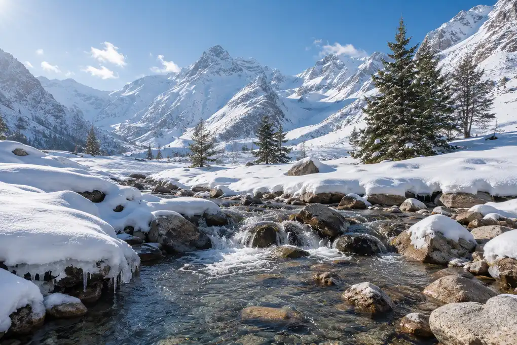 Melting snow forming a clear stream in a mountain landscape