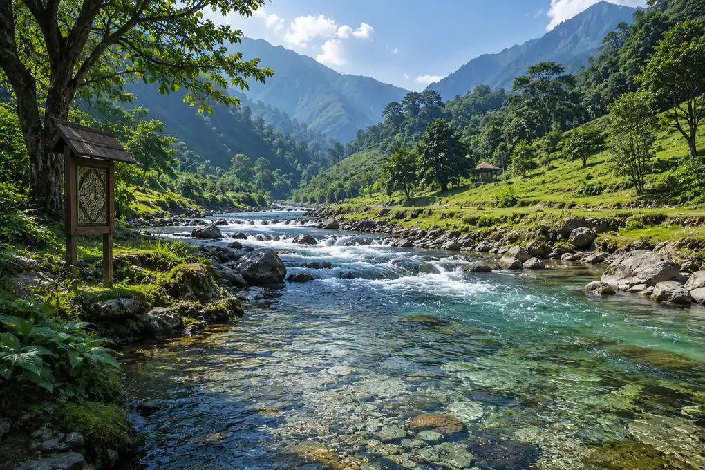 Sungai pegunungan dengan air jernih sebagai sumber air mutlak untuk bersuci