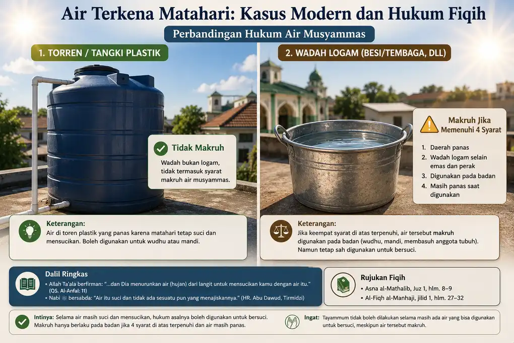 Perbandingan hukum air dalam toren plastik dan wadah logam yang terkena sinar matahari.