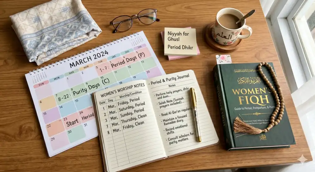 A flat lay view of a work desk with a MARCH 2024 calendar marked with "1-7: Period Days", "8-22: Purity Days", "23: Start Period". Alongside are a "Period & Purity Journal" notebook and a "WOMEN'S FIQH" book. Prayer beads and an "Ilmu" (Knowledge) coffee cup complete the study atmosphere.
