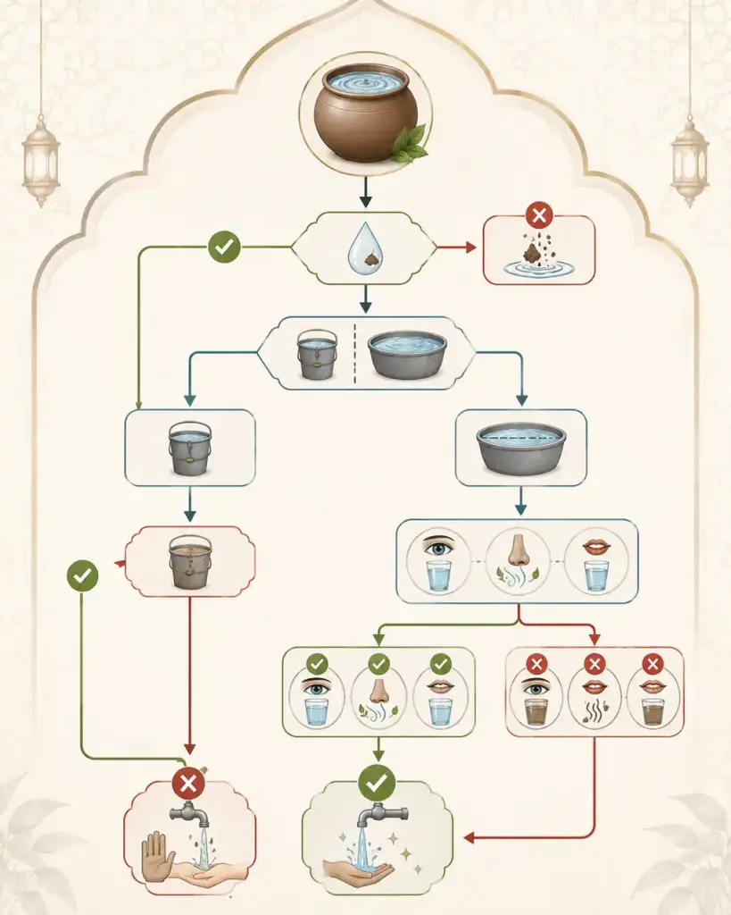 Diagram alur pemeriksaan status air sebelum digunakan untuk wudhu menurut fikih Syafi'i.