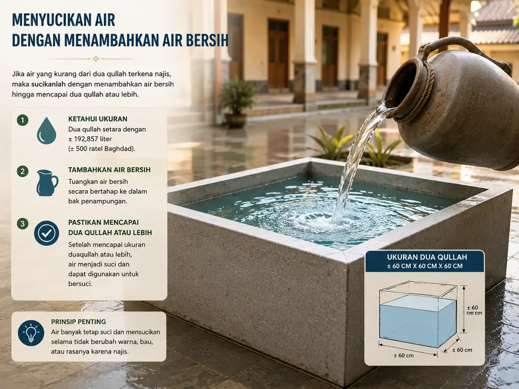 Ilustrasi menambahkan air bersih ke dalam bak untuk mencapai ukuran dua qullah.