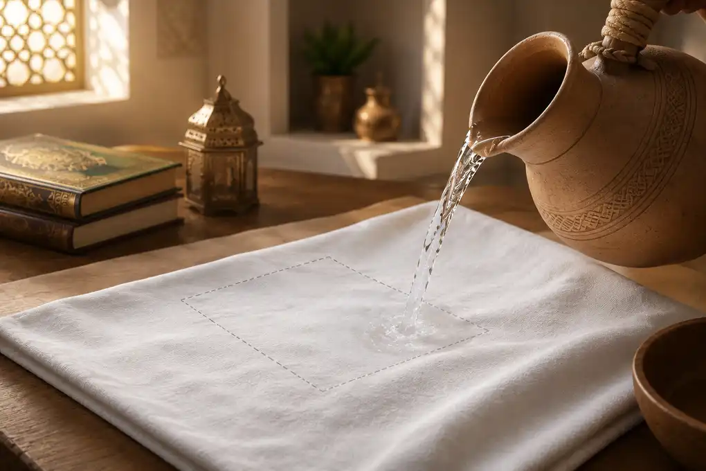 Clear water from a jug is poured over a white cloth with a subtle outlined area, illustrating the purification of hukmiyyah najis.