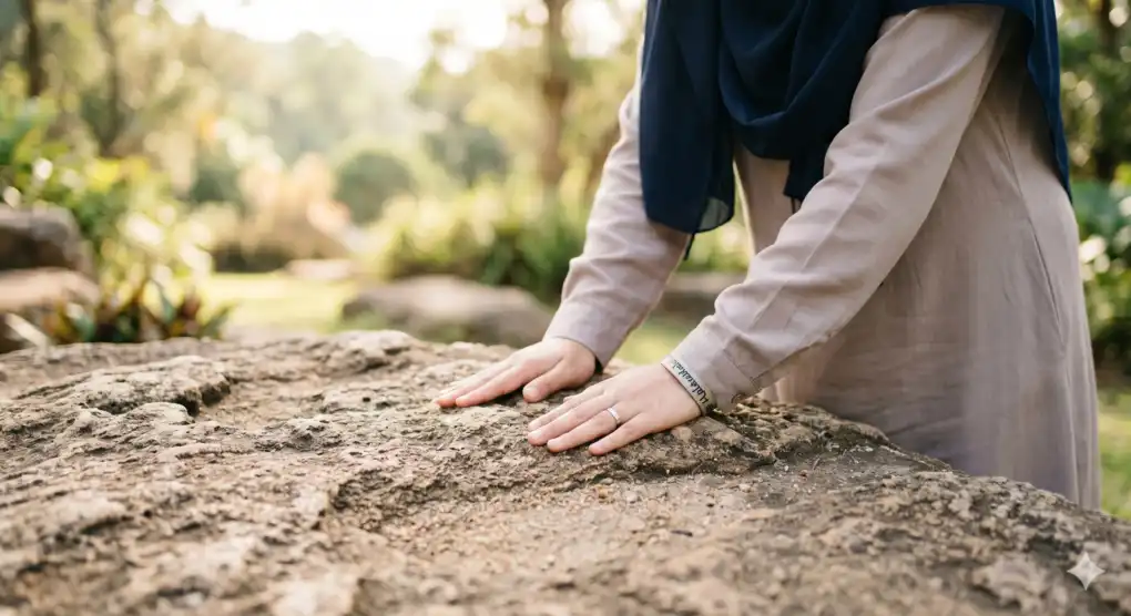 Tayammum: Purification with Dust When Water is Unavailable 1 A macro close-up of a Muslim woman's hands, wearing long sleeves, softly dabbing the textured surface of a natural sandstone rock to collect pure dust for Tayammum, set against a calming, blurry nature background.