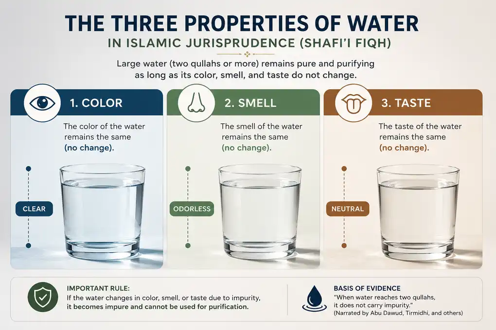 The three properties of water in Islamic jurisprudence: color, smell, and taste.