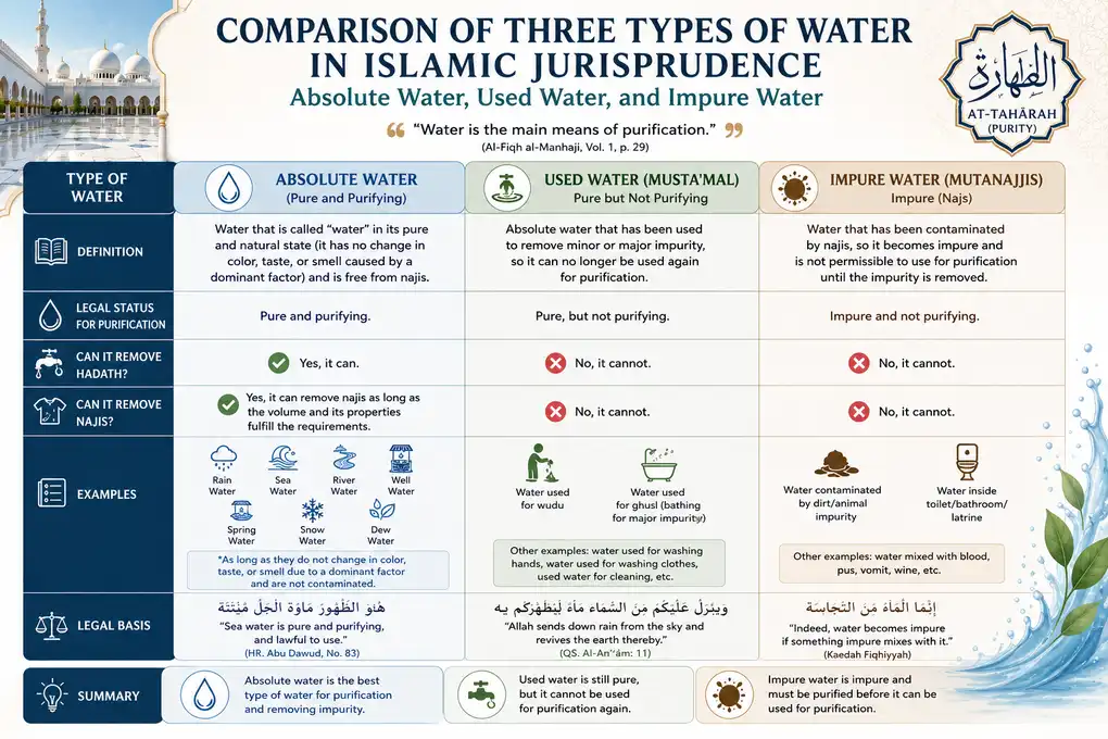 Comparison chart of absolute water, used water, and impure water in Islamic jurisprudence.