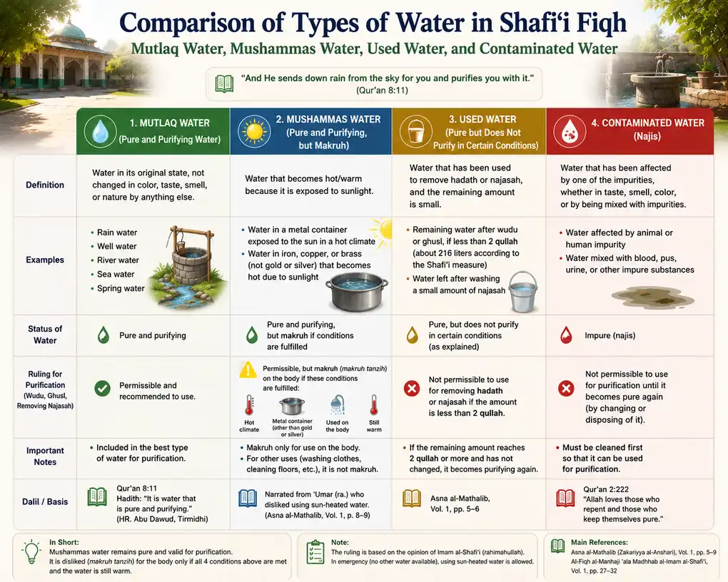 Sun-Heated Water in Shafi‘i Fiqh: The Ruling on Mushammas Water 2 Comparison of mutlaq water, mushammas water, used water, and contaminated water in Shafi'i fiqh.