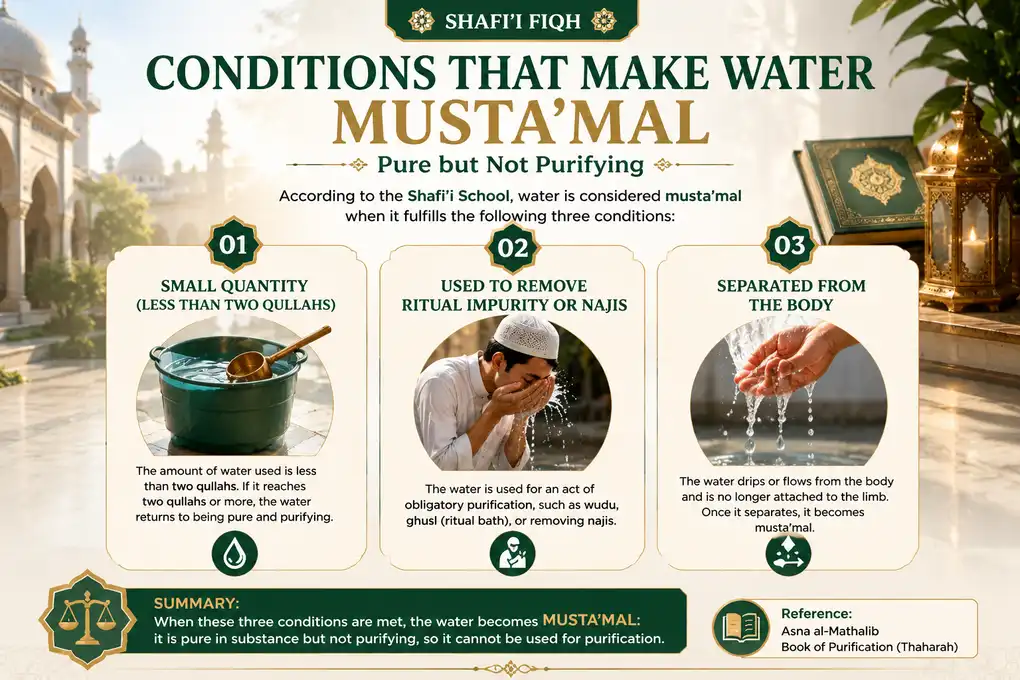 Infographic explaining the three conditions that classify water as musta'mal in Shafi'i fiqh.