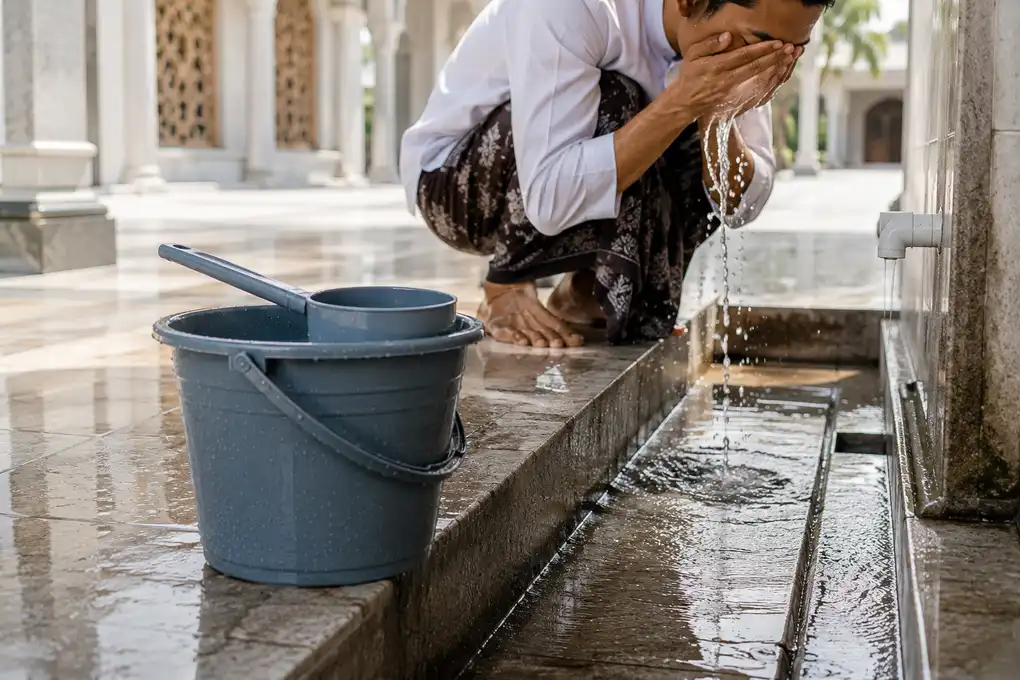 Small bucket and dipper with used wudu water flowing into a drainage channel.