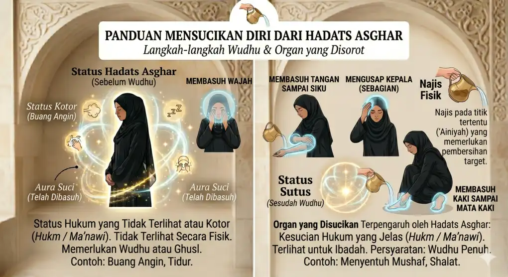 Hadats: Pengertian, Macam, dan Penyebabnya 3 Panduan visual diagram wudhu yang menyoroti area wajah, tangan, kepala, dan kaki sebagai organ yang terdampak oleh hadats asghar dengan contoh kasus menyentuh mushaf dan shalat.