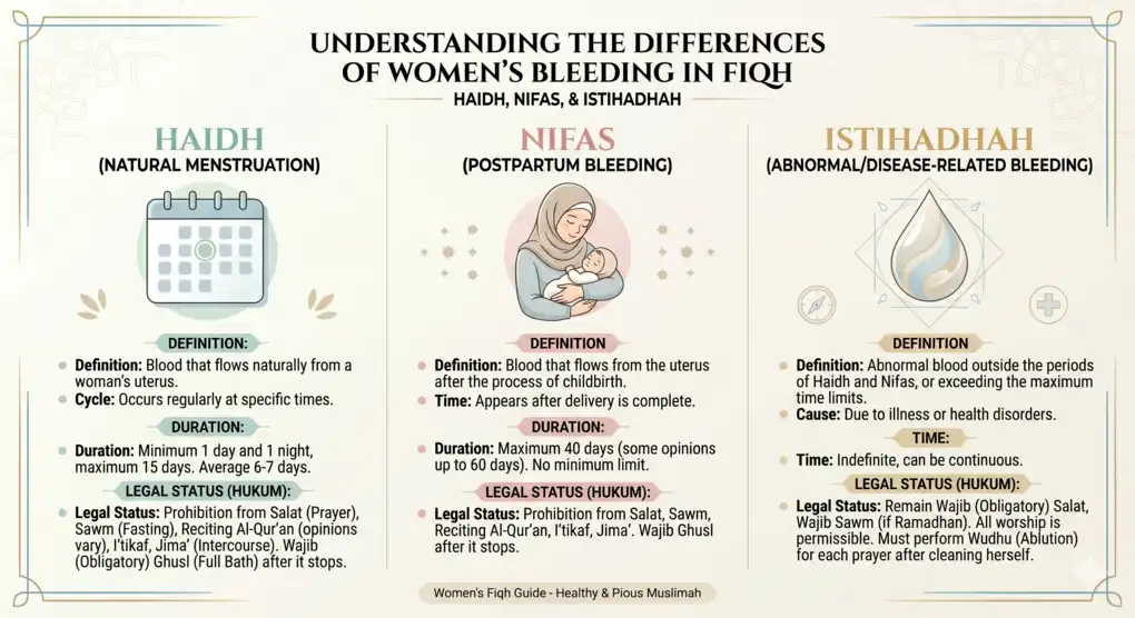 A clean and educational infographic with three columns comparing hayd, Nifas, and Istihadhah according to Islamic fiqh, using calendar, mother & baby, and medical water drop icons, with detailed text on Definition, Duration, and Ruling.
