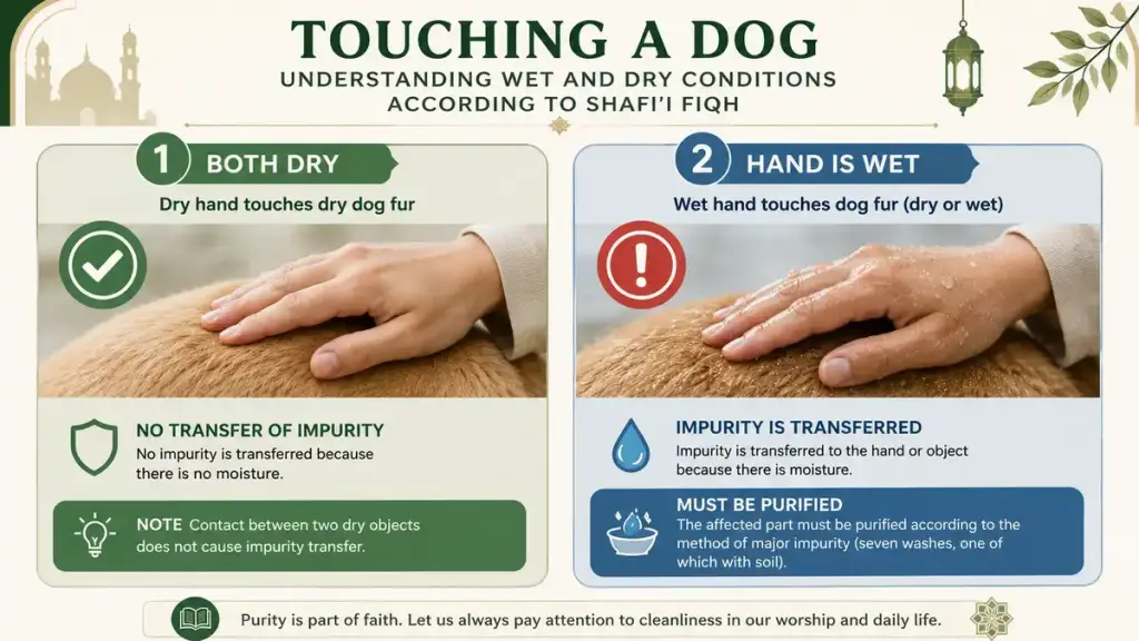 English two-panel infographic comparing a dry hand touching dry dog fur and a wet hand touching dog fur in Shafi‘i fiqh.