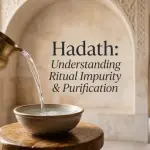 Deskripsi: Main featured image for a fiqh article explaining the definition of hadath and methods of purification in Islam according to the Shafi'i madhhab.