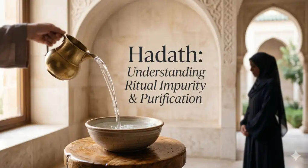 Hadath: Definition, Types, and Causes 1 Deskripsi: Main featured image for a fiqh article explaining the definition of hadath and methods of purification in Islam according to the Shafi'i madhhab.