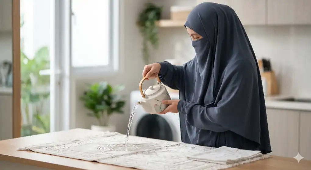Foto atau ilustrasi seorang Muslimah tampak samping sedang membersihkan kain atau sajadah dari najis menggunakan air mutlak sesuai syariat Islam