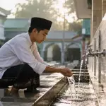 Santri laki-laki sedang berwudhu di tempat wudhu masjid pesantren sebagai ilustrasi hikmah dan manfaat thaharah dalam Islam.