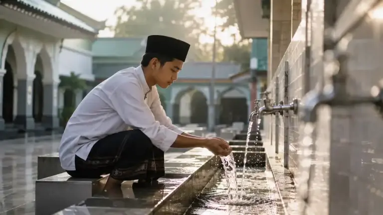 Santri laki-laki sedang berwudhu di tempat wudhu masjid pesantren sebagai ilustrasi hikmah dan manfaat thaharah dalam Islam.