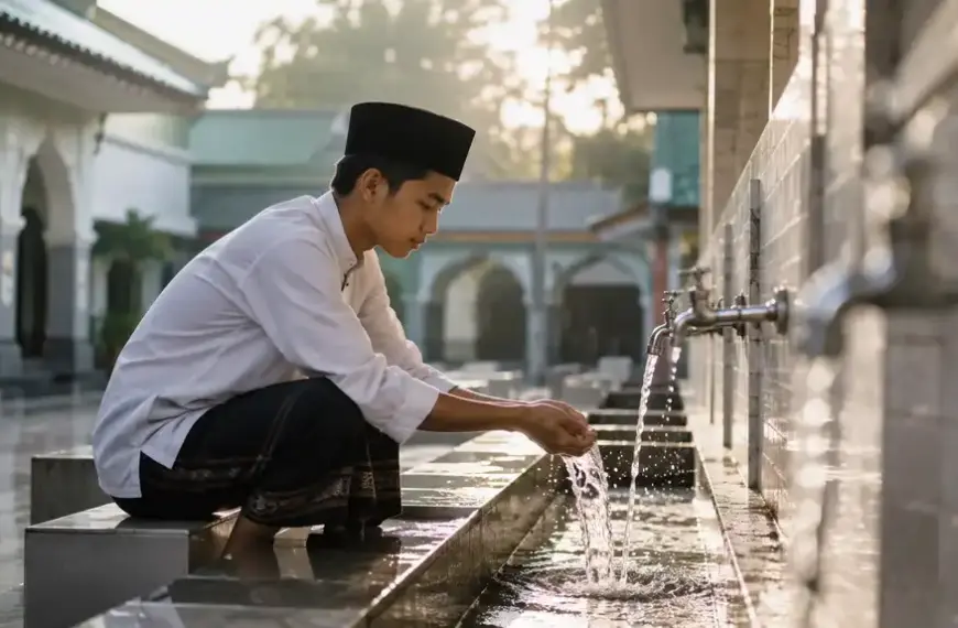 Kajian Fiqh Madzhab Syafi'i: Panduan Lengkap Hukum Islam, Doa, dan Tasawuf 29 Santri laki-laki sedang berwudhu di tempat wudhu masjid pesantren sebagai ilustrasi hikmah dan manfaat thaharah dalam Islam.