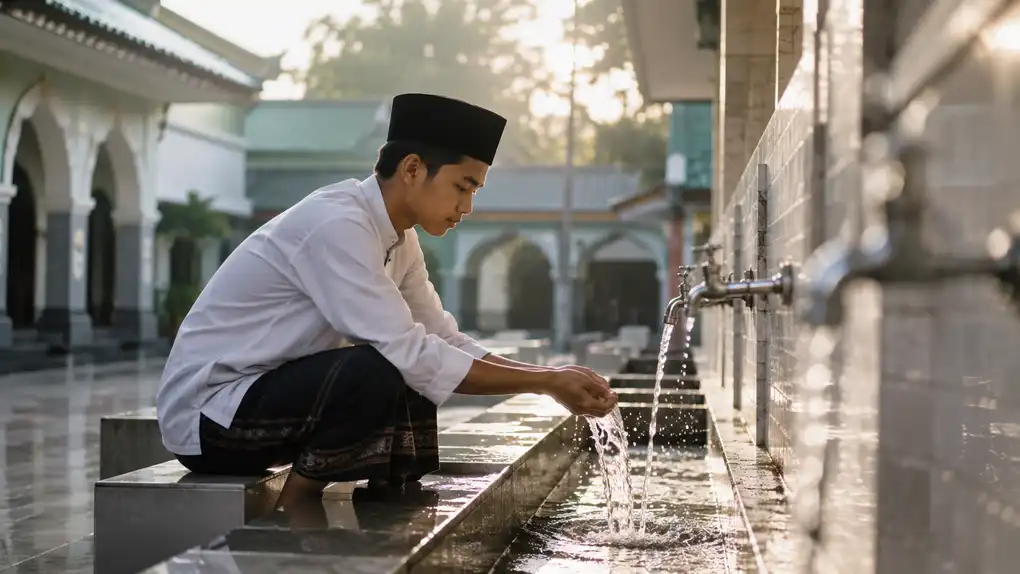 Santri laki-laki sedang berwudhu di tempat wudhu masjid pesantren sebagai ilustrasi hikmah dan manfaat thaharah dalam Islam.