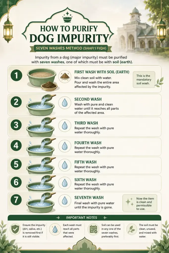 English infographic showing seven washes for purifying dog impurity, including one wash with clean soil and six washes with pure water.