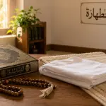 Kitab fikih berbahasa Arab, kain putih, sajadah, dan tasbih sebagai ilustrasi hukum air mani suci atau najis menurut Madzhab Syafi'i.