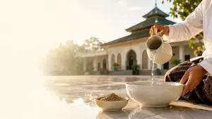Hands pouring water into a white ceramic bowl in a pesantren courtyard, with clean soil beside it as an illustration of seven washes for dog impurity.