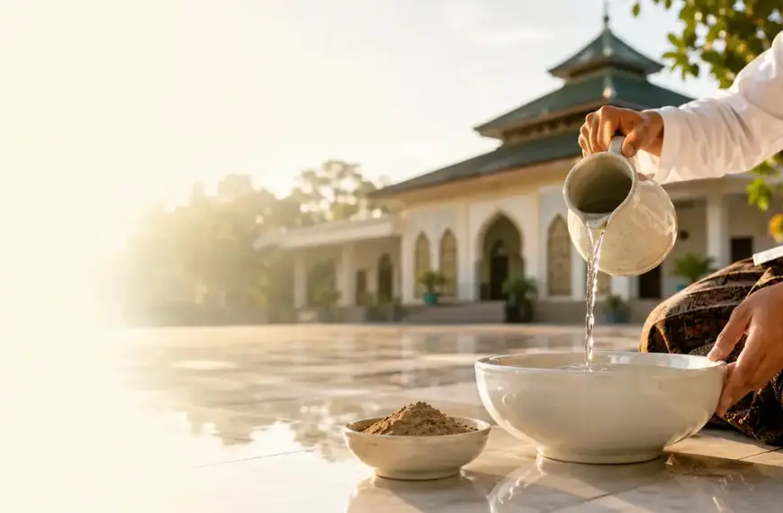 Hands pouring water into a white ceramic bowl in a pesantren courtyard, with clean soil beside it as an illustration of seven washes for dog impurity.