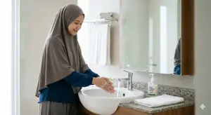Shafi'i School of Jurisprudence: The Complete Guide to Islamic Law, Prayers, and Tasawuf 15 A Muslim woman in a hijab washing her hands at a sink as an illustration of Islamic purification or istinja.